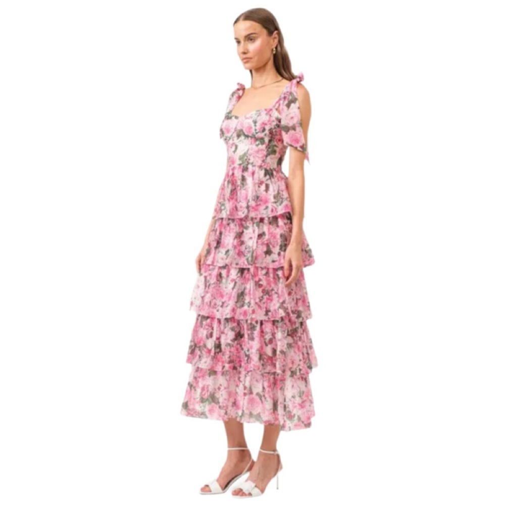 Sofie the Label Pink Floral Tiered Ruffle Midi Dress Bustier Bodice NWT Sz S